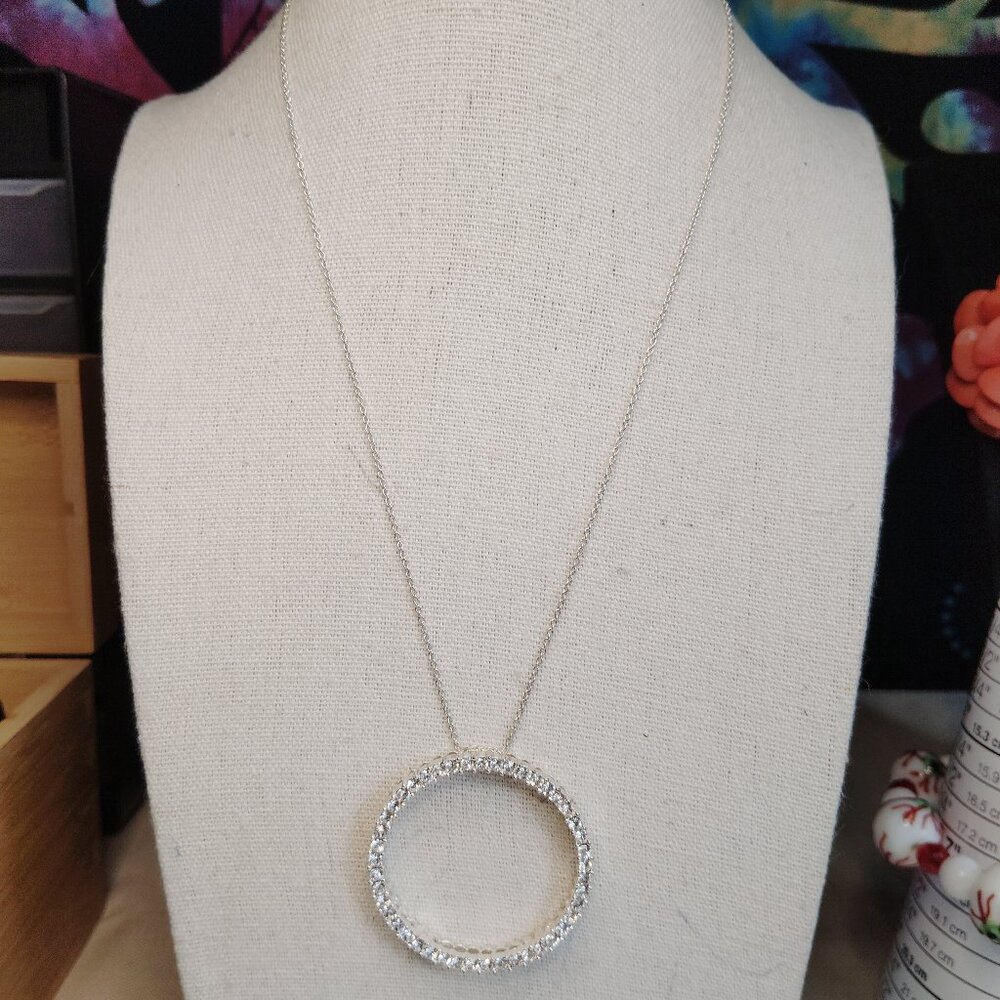 Silver Tone Pave Circle Pendant Necklace 16 Inch Chain